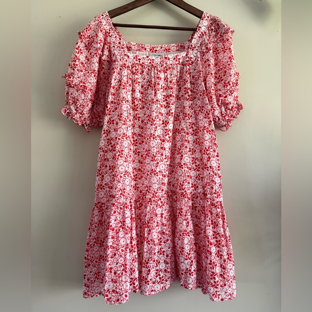 Red & White Floral‎ Square Neck Puff Sleeve Cotton Dress size Small - Picture 2 of 10